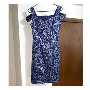 Navy Blue Midi Dress w/ Silver Patterning